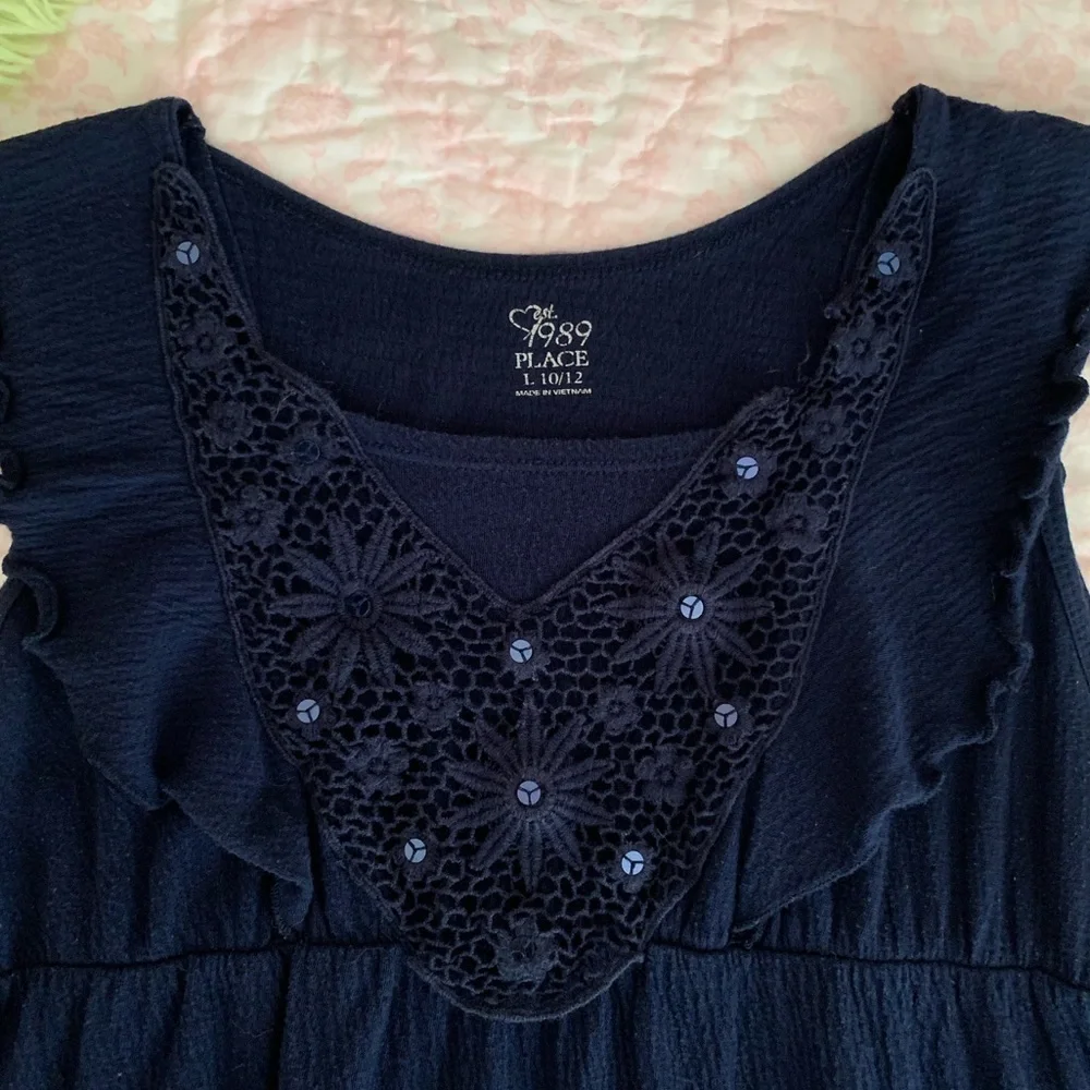 Children's Place Tank Top Girls L 10/12 Navy Blue Crochet Sequin Ruffle Textured